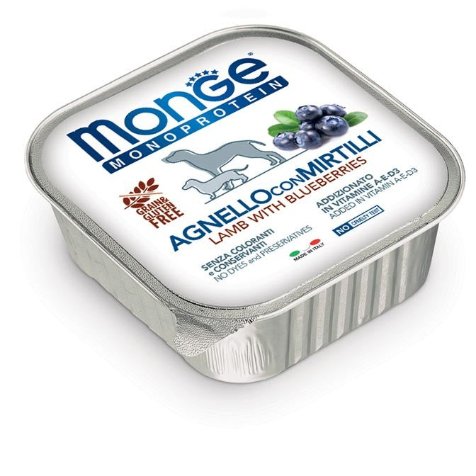 MONGE SCATOLETTA CIBO UMIDO CANE FRUIT AGNELLO E MIRTILLI 150GR