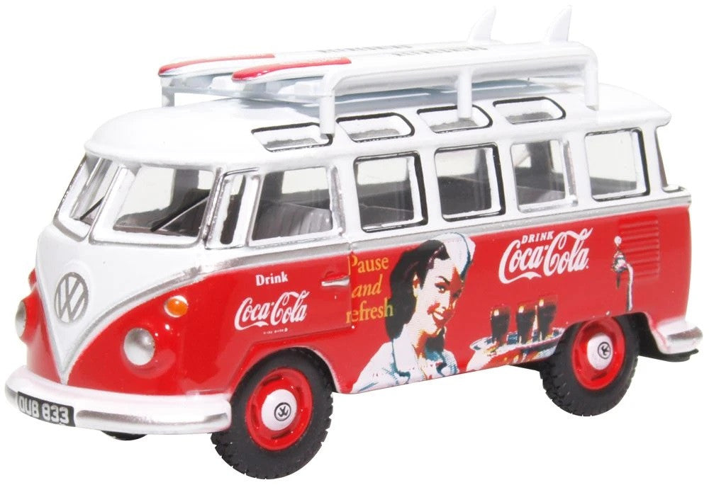 Modellino VW T1 Bus Surfboards Coca-Cola 1:76 Rosso Bianco Oxford