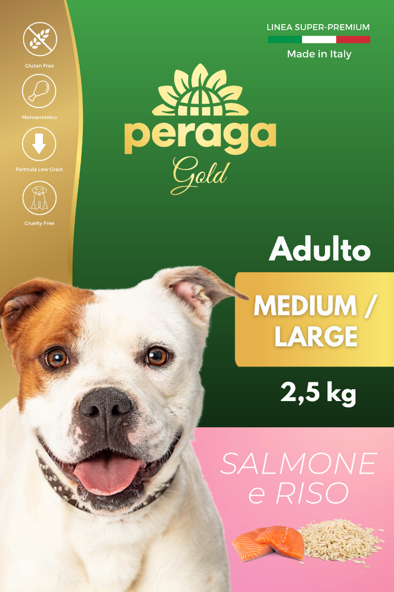 CROCCHETTE PERAGA LINEA GOLD - CANE ADULTO MEDIUM-LARGE SALMONE E RISO 2,5 KG