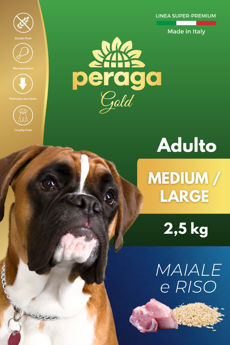 CROCCHETTE PERAGA LINEA GOLD - CANE ADULTO MEDIUM-LARGE MAIALE E RISO 2,5 KG