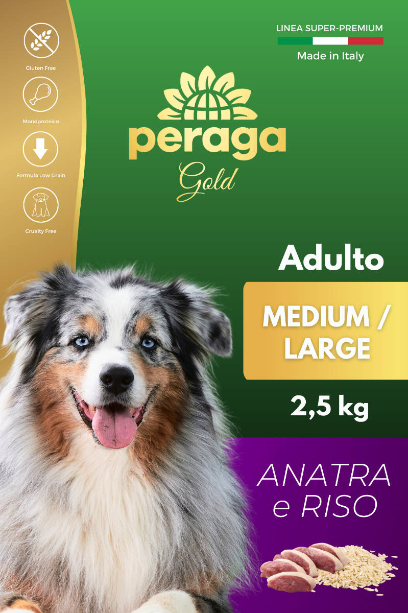 CROCCHETTE PERAGA LINEA GOLD - CANE ADULTO MEDIUM-LARGE ANATRA E RISO 2,5 KG