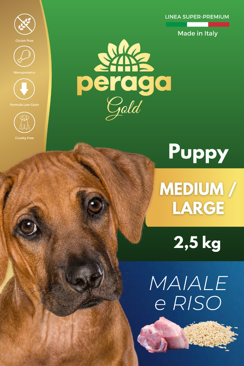 CROCCHETTE PERAGA LINEA GOLD - CANE CUCCIOLO PUPPY MEDIUM-LARGE MAIALE E RISO 2,5 KG
