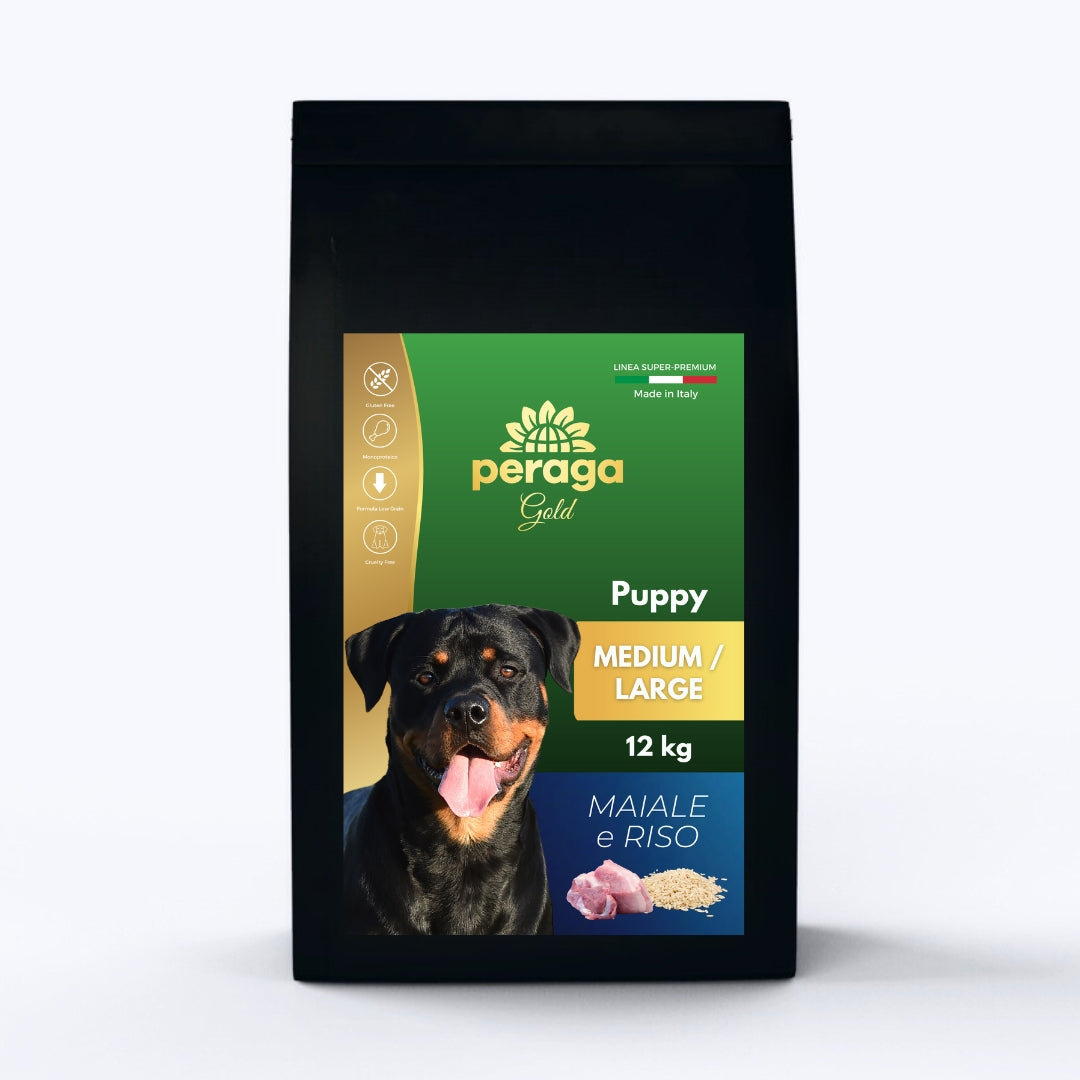 CROCCHETTE PERAGA LINEA GOLD - CANE CUCCIOLO PUPPY MEDIUM-LARGE MAIALE E RISO 12 KG