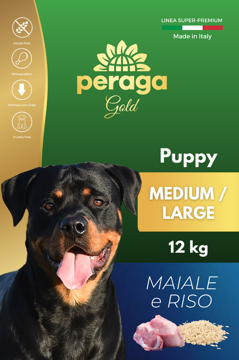 CROCCHETTE PERAGA LINEA GOLD - CANE CUCCIOLO PUPPY MEDIUM-LARGE MAIALE E RISO 12 KG