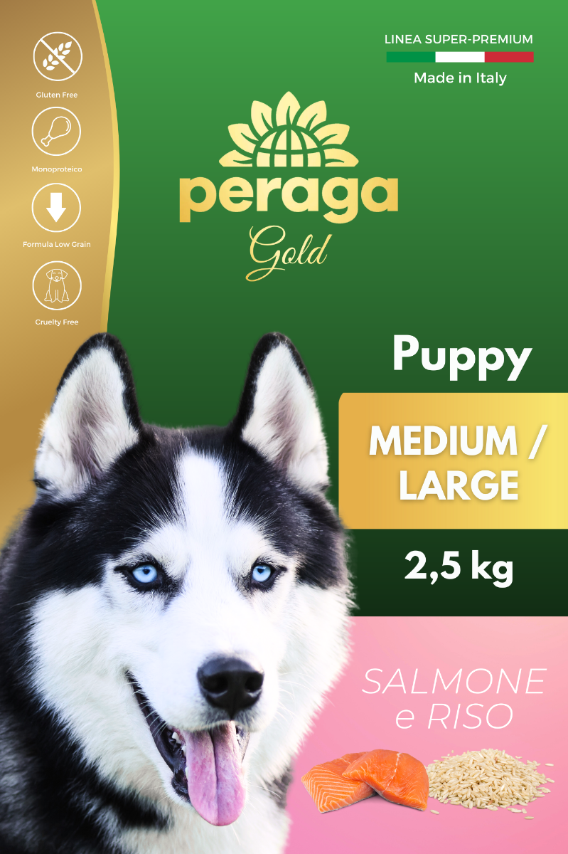 CROCCHETTE PERAGA LINEA GOLD - CANE CUCCIOLO PUPPY MEDIUM-LARGE SALMONE E RISO 2,5 KG