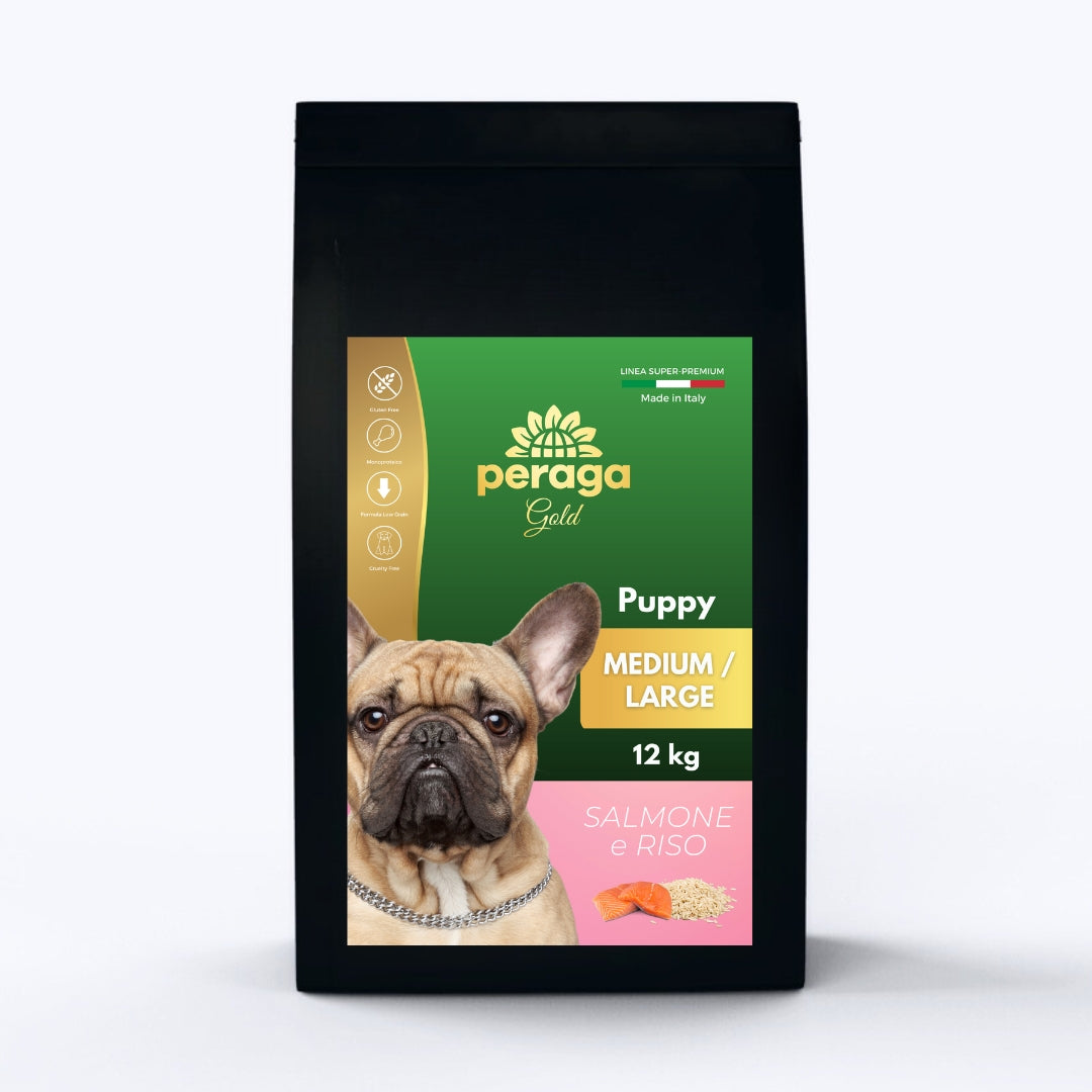CROCCHETTE PERAGA LINEA GOLD - CANE CUCCIOLO PUPPY MEDIUM-LARGE SALMONE E RISO 12 KG