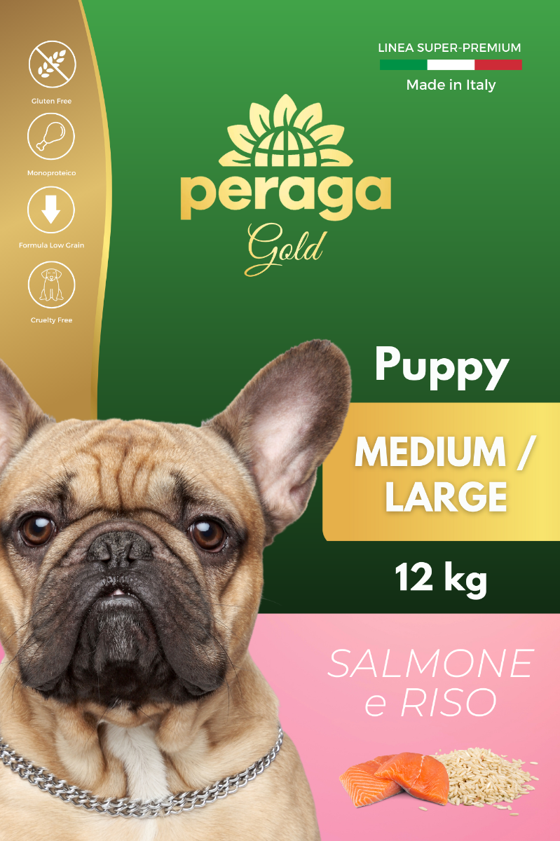CROCCHETTE PERAGA LINEA GOLD - CANE CUCCIOLO PUPPY MEDIUM-LARGE SALMONE E RISO 12 KG