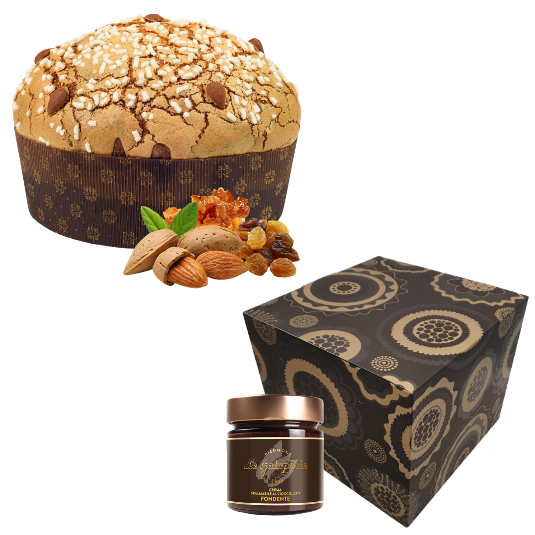 SCATOLA REGALO CON PANETTONE CLASSICO PATTI 750GR + CREMA CIOCCOLATO FONDENTE SPALMABILE