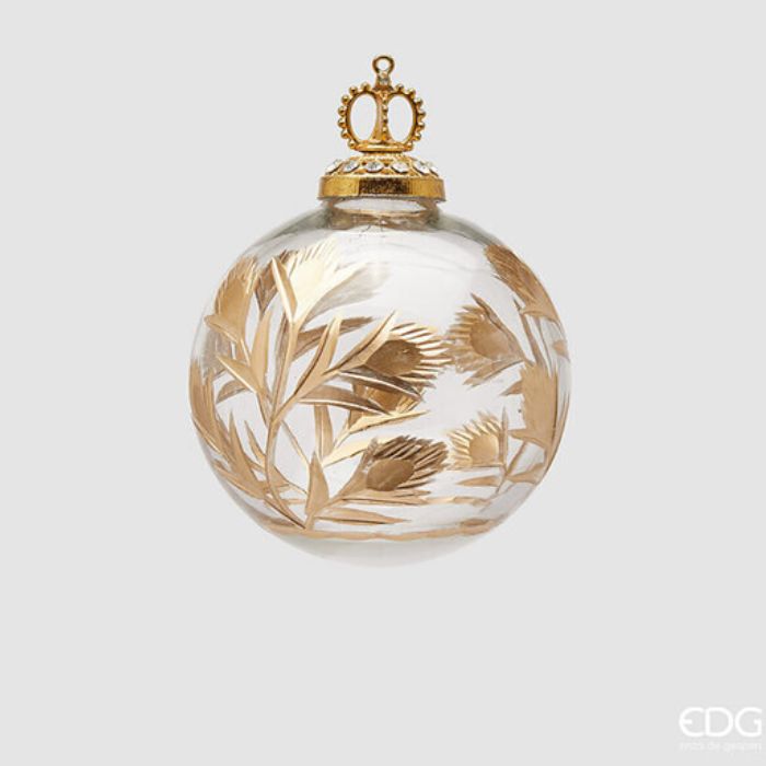 PALLINA DI NATALE DECORATA FIORI E CORONA, Ø7,5CM, ORO