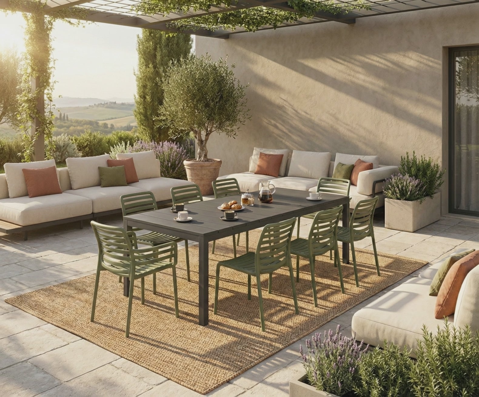 Charger la vidéo : OFFRE : TABLE EXTENSIBLE RIO 210/280 CM ANTHRACITE + 6 CHAISES + 2 FAUTEUILS EN AGAVE DOGA