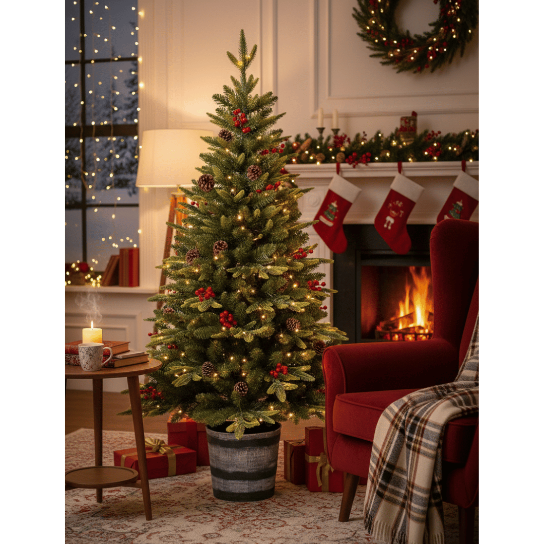 PINETTO VERDE CON 200 LED BACCHE E PIGNE 150CM VASO TONDO