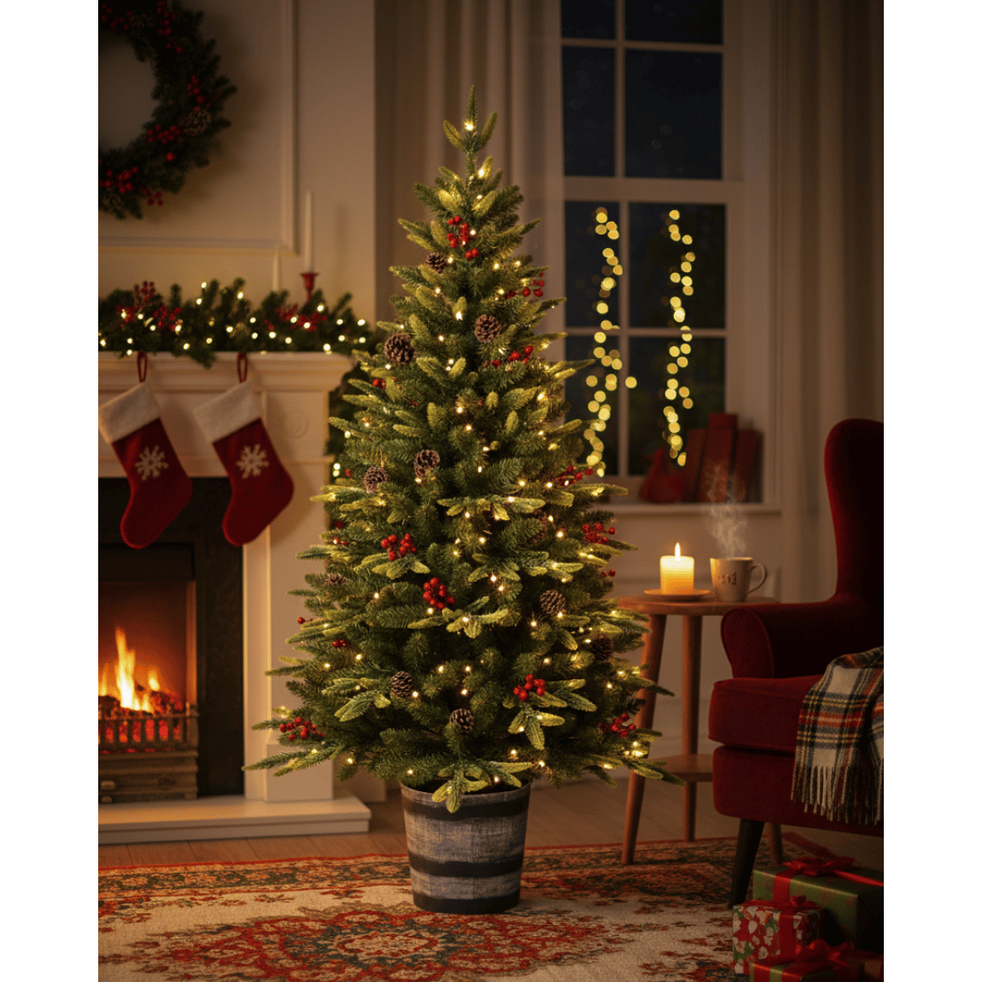 PINETTO VERDE CON 150 LED BACCHE E PIGNE 120CM VASO TONDO