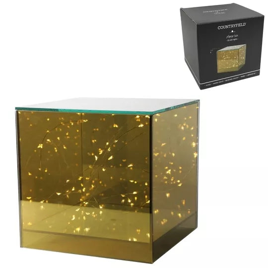 CUBO SPECCHIATO ORO, CON ILLUMINAZIONE A LED, H20CM