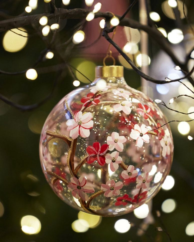 PALLINA DI NATALE IN VETRO CON FIORI, Ø10CM, ROSA