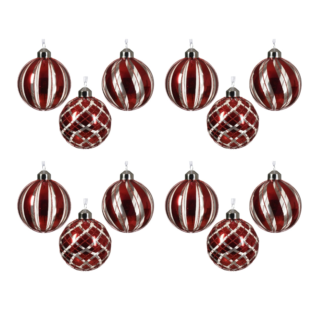 OFFERTA 12 PALLINE DI NATALE D8CM CON DECORAZIONI A STRISCE E GLITTER