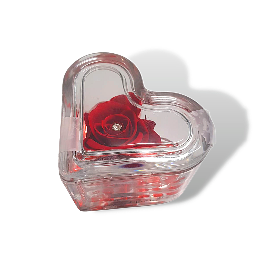 COMPOSIZIONE CUORE IN VETRO CON ROSA ROSSA