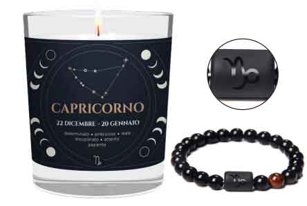 CANDELA CON SEGNO ZODIACALE CAPRICORNO CON BRACCIALE NERO ASTRO CAPRICORNO