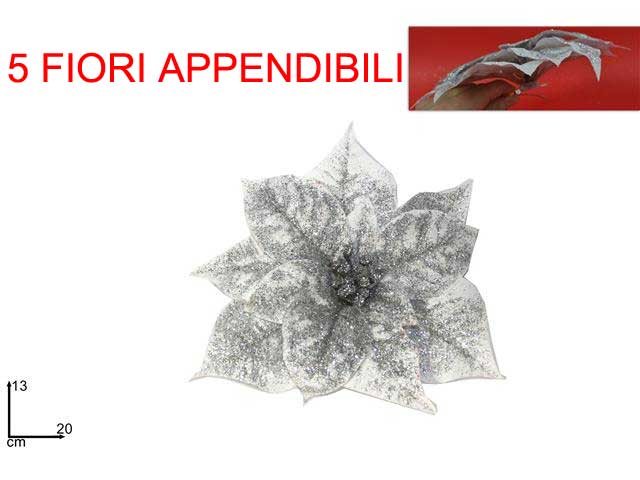 OFFERTA 5 POINSETTIA ARGENTO APPENDIBILE CON PINZETTA 20CM
