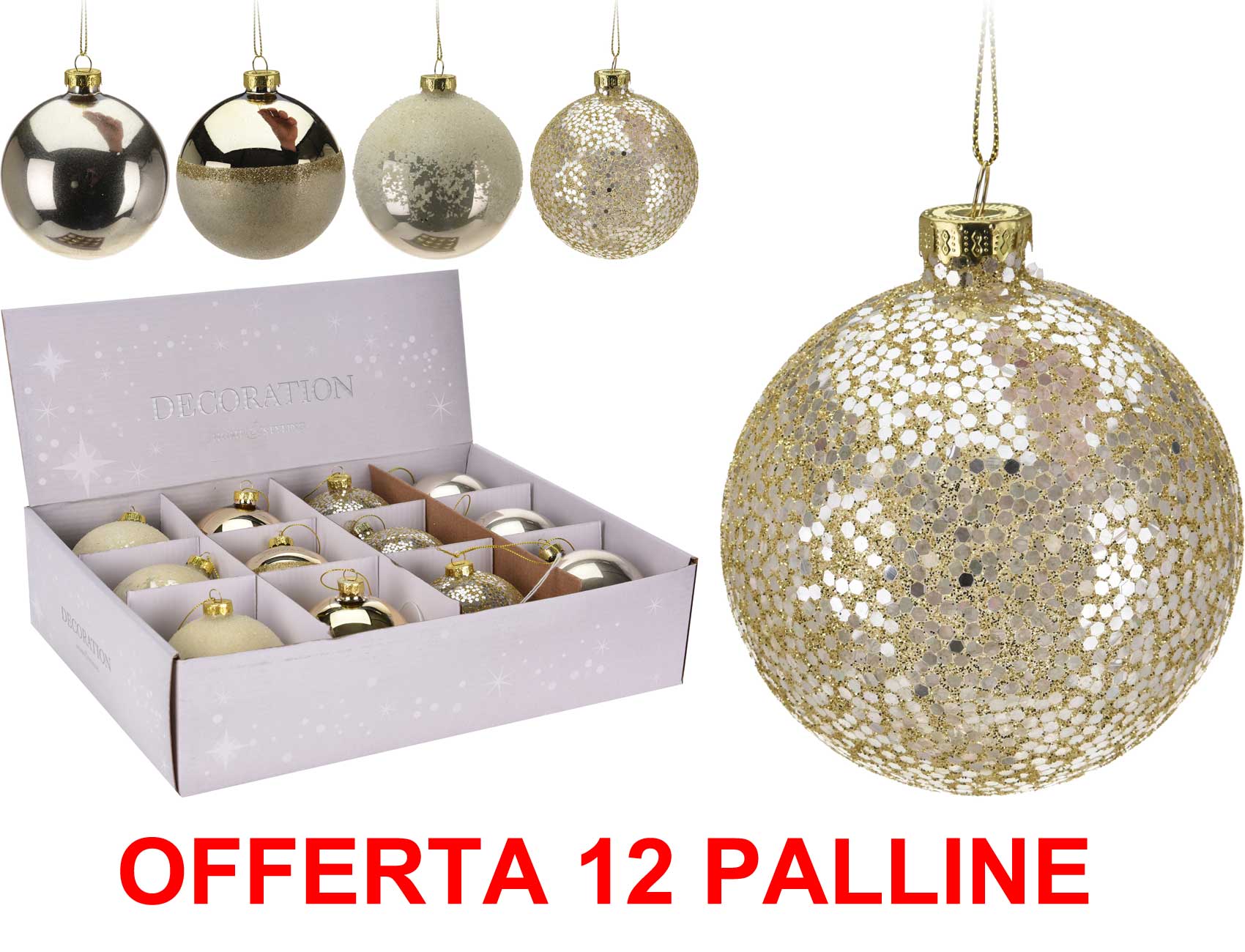 OFFERTA 12 PALLINE DI NATALE 8 CM IN VETRO ORO ASSORTITE