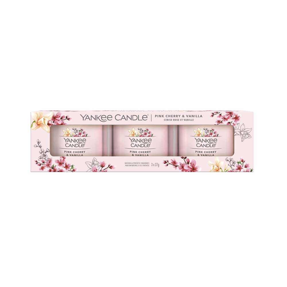 3 CANDELE PROFUMATE VOTIVE IN VETRO PINK CHERRY VANILLA