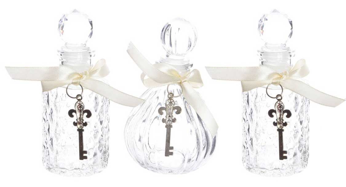 OFFERTA 3 BOTTIGLIE IN VETRO CON CHIAVE E FIOCCO RASO Ø5CM H.12CM ASSORTITE