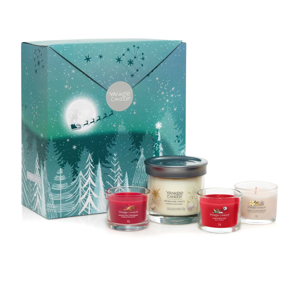 CONFEZIONE REGALO NATALIZIA CON 1 CANDELA PICCOLA E 3 CANDELE VOTIVE IN VETRO