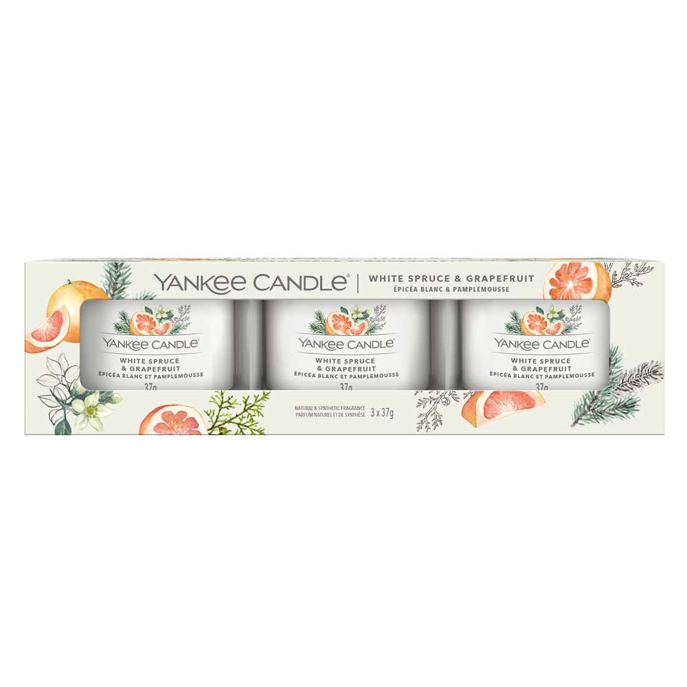3 CANDELE PROFUMATE VOTIVE IN VETRO WHITE SPRUCE & GRAPEFRUIT