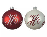 PALLINA DI NATALE CON SCRITTA HO HO HO IN VETRO ROSSO/BIANCO ASSORTITA 8CM