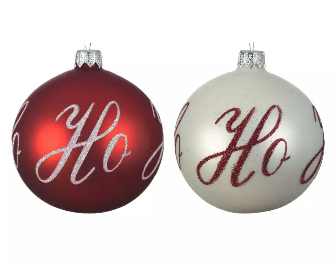 PALLINA DI NATALE CON SCRITTA HO HO HO IN VETRO ROSSO/BIANCO ASSORTITA 8CM