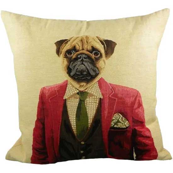 CUSCINO GOBELIN CON CARLINO PUG IN GIACCA 45X45CM