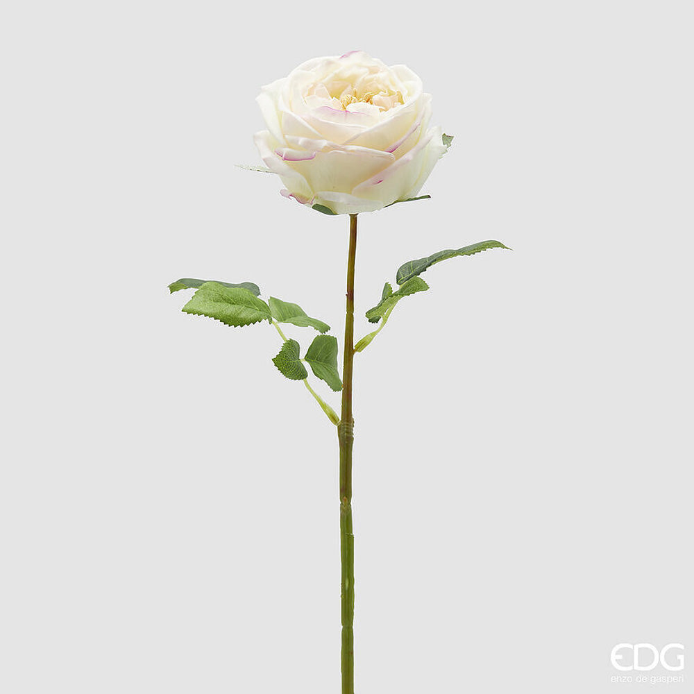 RAMO DI ROSA ELIDE CON FOGLIE H45CM BIANCO E ROSA