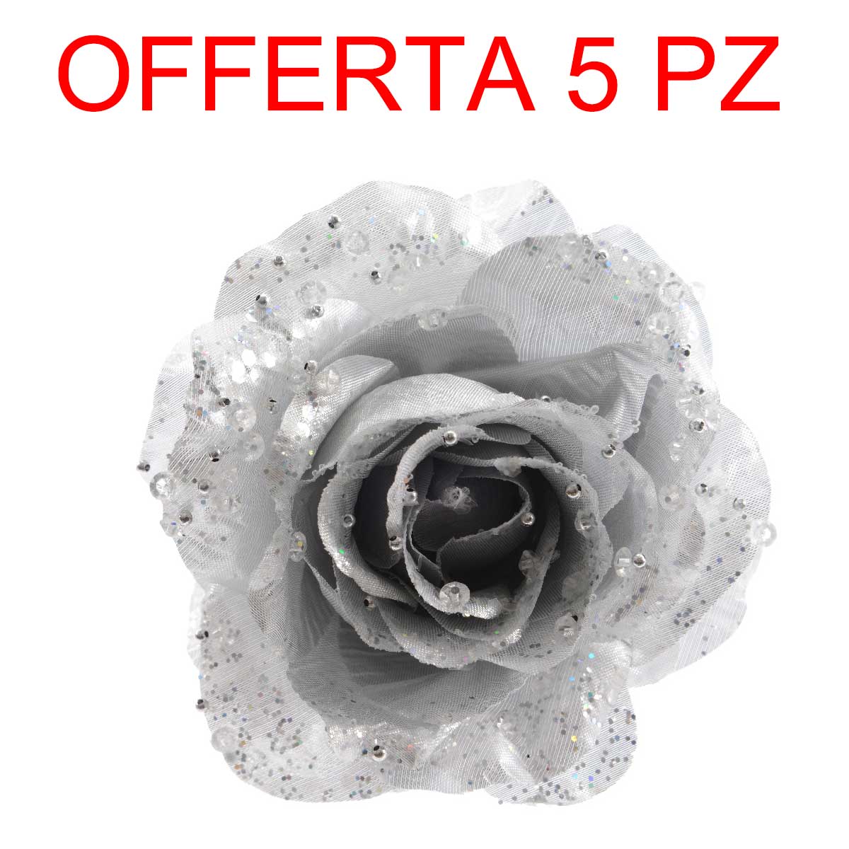 OFFERTA 5 ROSE GLITTER CON CLIP 14X8,5CM ARGENTO