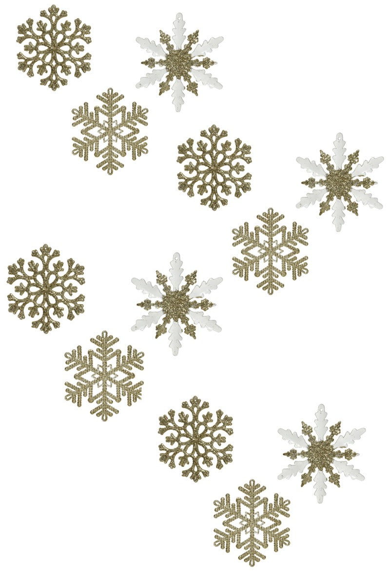 OFFERTA 12 FIOCCHI DI NEVE CON GLITTER DA APPENDERE 13X30CM ORO MODELLO ASSORTITO