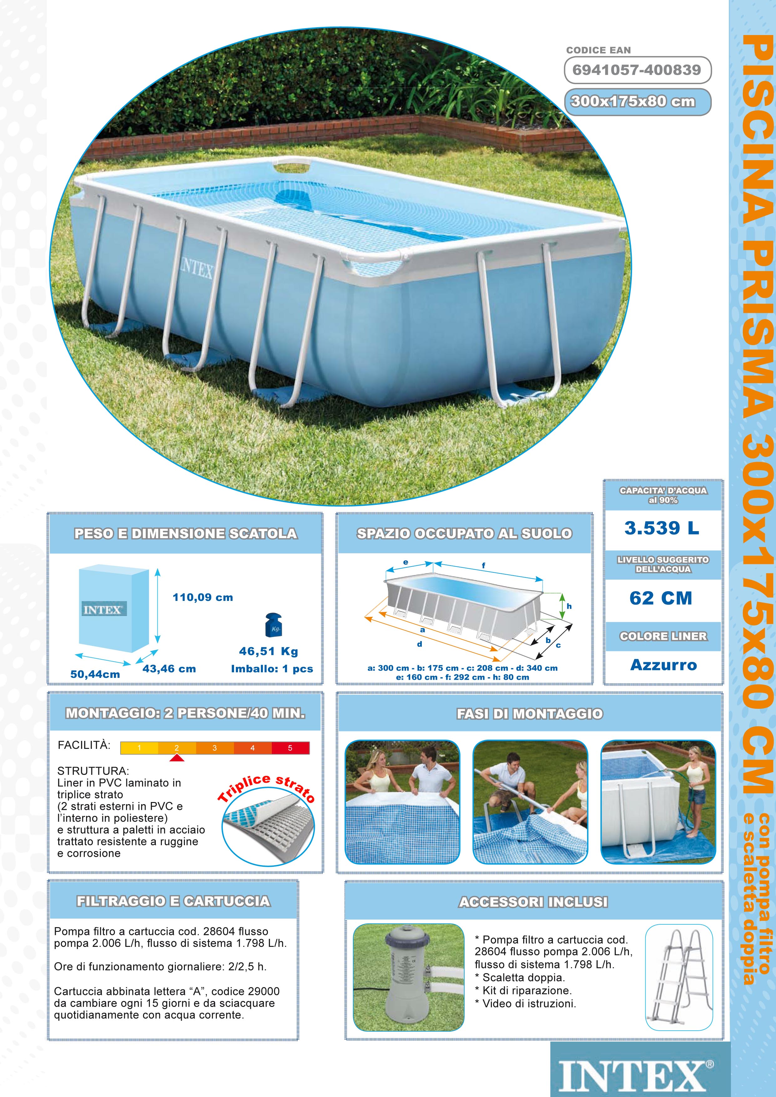 PISCINA PRISMA METAL FRAME 300X175X80 RETTANGOLARE