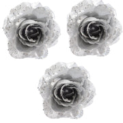 OFFERTA 3 ROSE DECORATIVE CON CLIP GLITTERATE ARGENTO 14CM