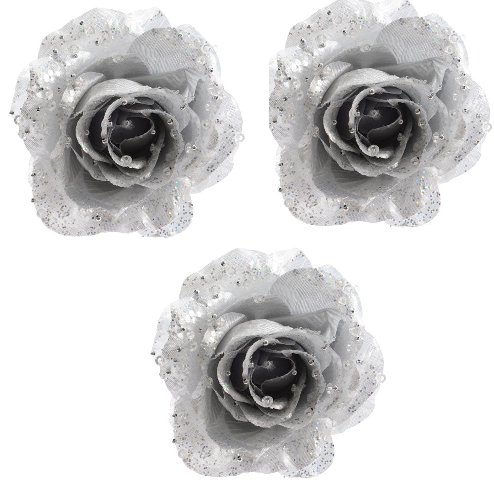OFFERTA 3 ROSE DECORATIVE CON CLIP GLITTERATE ARGENTO 14CM