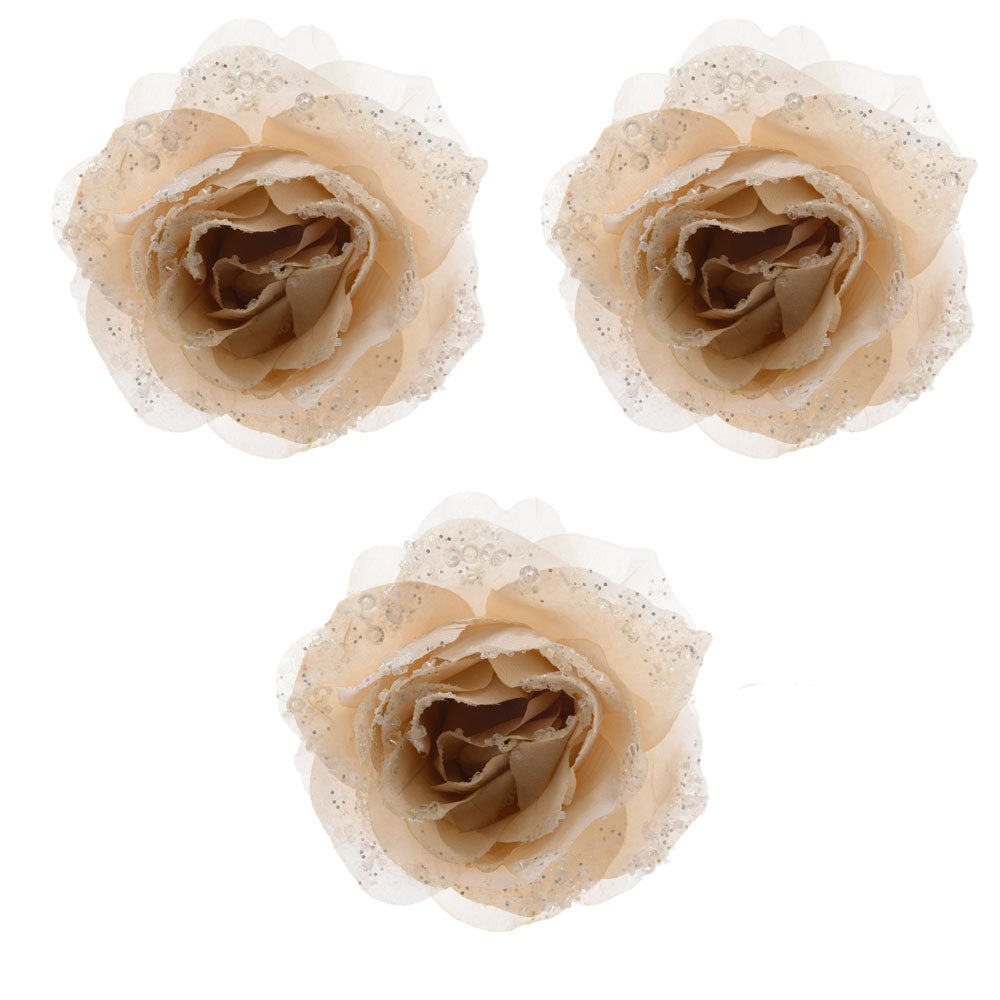 OFFERTA 3 ROSE DECORATIVE CON CLIP GLITTERATE CREMA 14CM