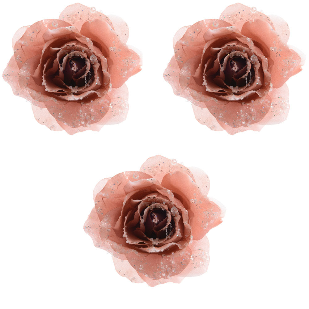 OFFERTA 3 ROSE DECORATIVE CON CLIP GLITTERATE ROSA 14CM