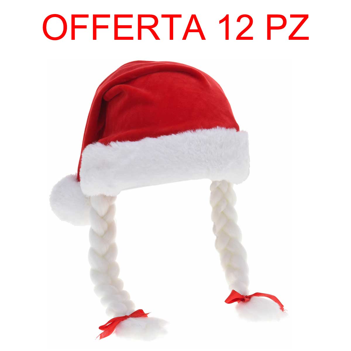 OFFERTA 12 CAPPELLI BABBO NATALE CON TRECCE 30X43CM