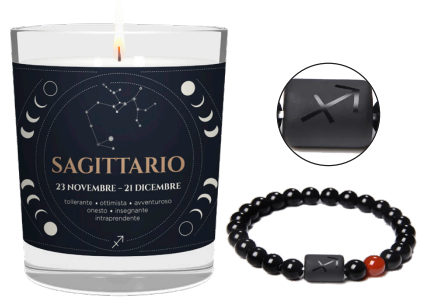 CANDELA CON SEGNO ZODIACALE SAGITTARIO CON BRACCIALE NERO ASTRO SAGITTARIO