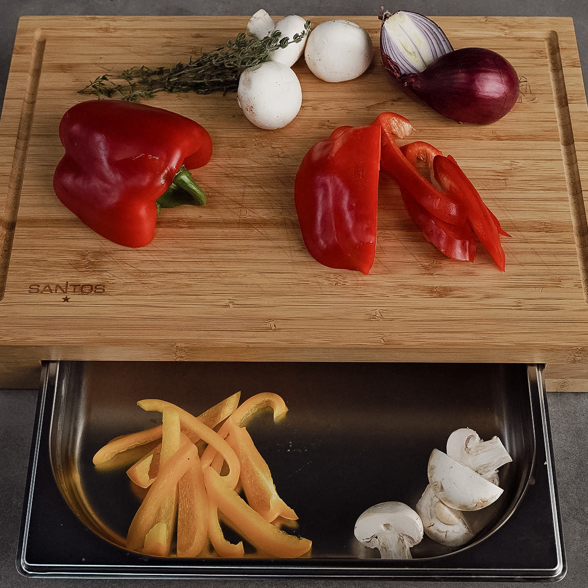 Tagliere in Rovere 43x28x7cm con Vassoio Acciaio Inox Santos