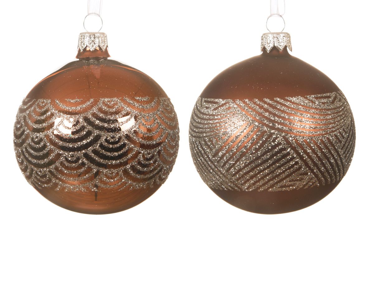 PALLINA DI NATALE IN VETRO MARRONE DON DECORAZIONI GLITTER 8CM ASSORTITA