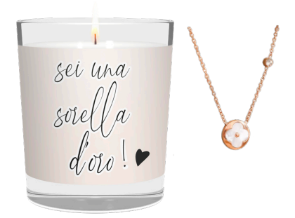 CANDELA CON SCRITTA SEI UNA SORELLA D'ORA INCLUSA COLLANA TREFOIL
