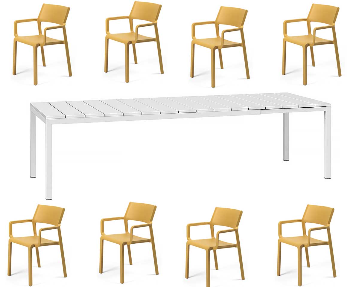 OFFERTA TAVOLO RIO 210/280 CON 8 POLTRONE TRILL BIANCO/SENAPE