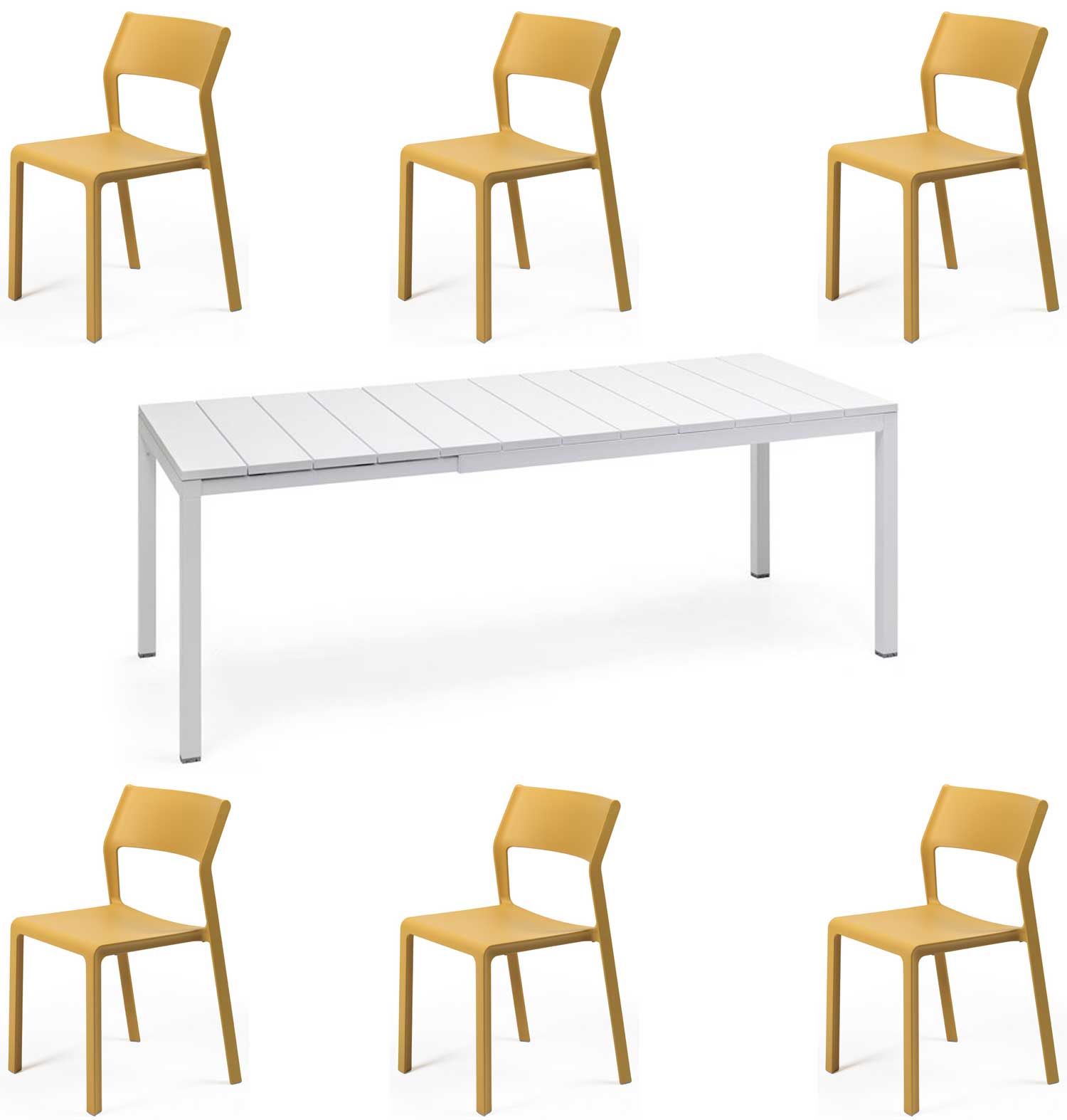 OFFERTA TAVOLO RIO 140/210 CON 6 SEDIE TRILL BISTROT BIANCO/SENAPE