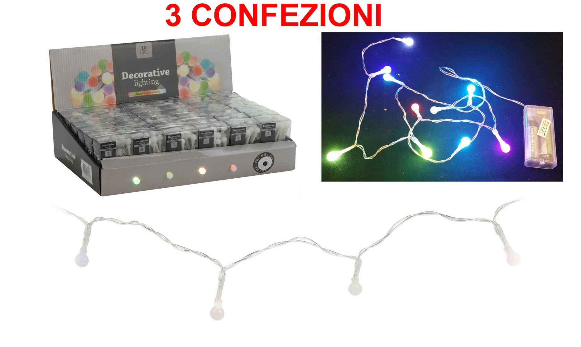 OFFERTA 3 CONFEZIONI 10 LED A BATTERIA GIOCO DI LUCE MULTICOLOR