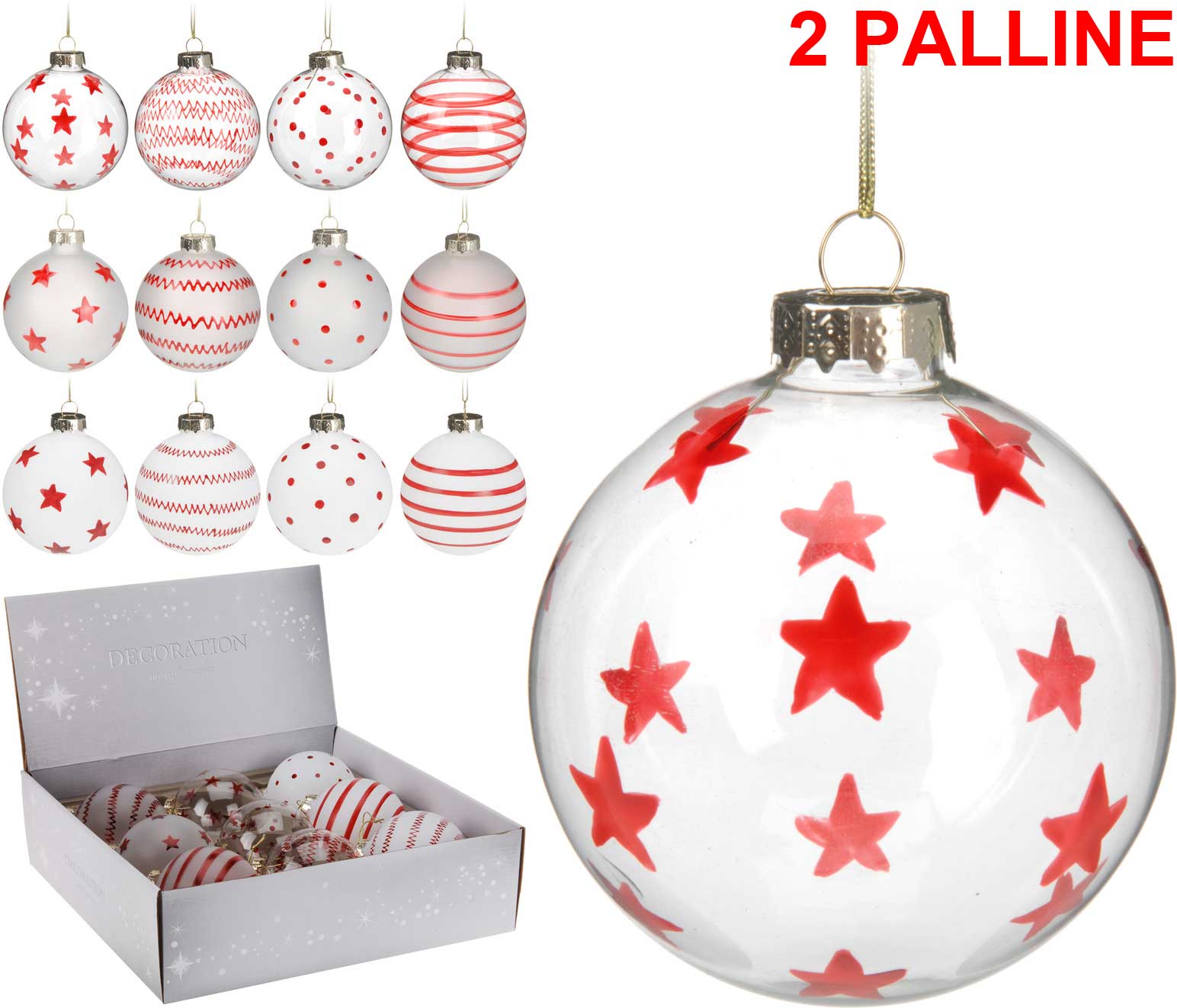 OFFERTA 2 PALLINE CON DECORAZIONI NATALIZIE ROSSE ASSORTITE 9CM