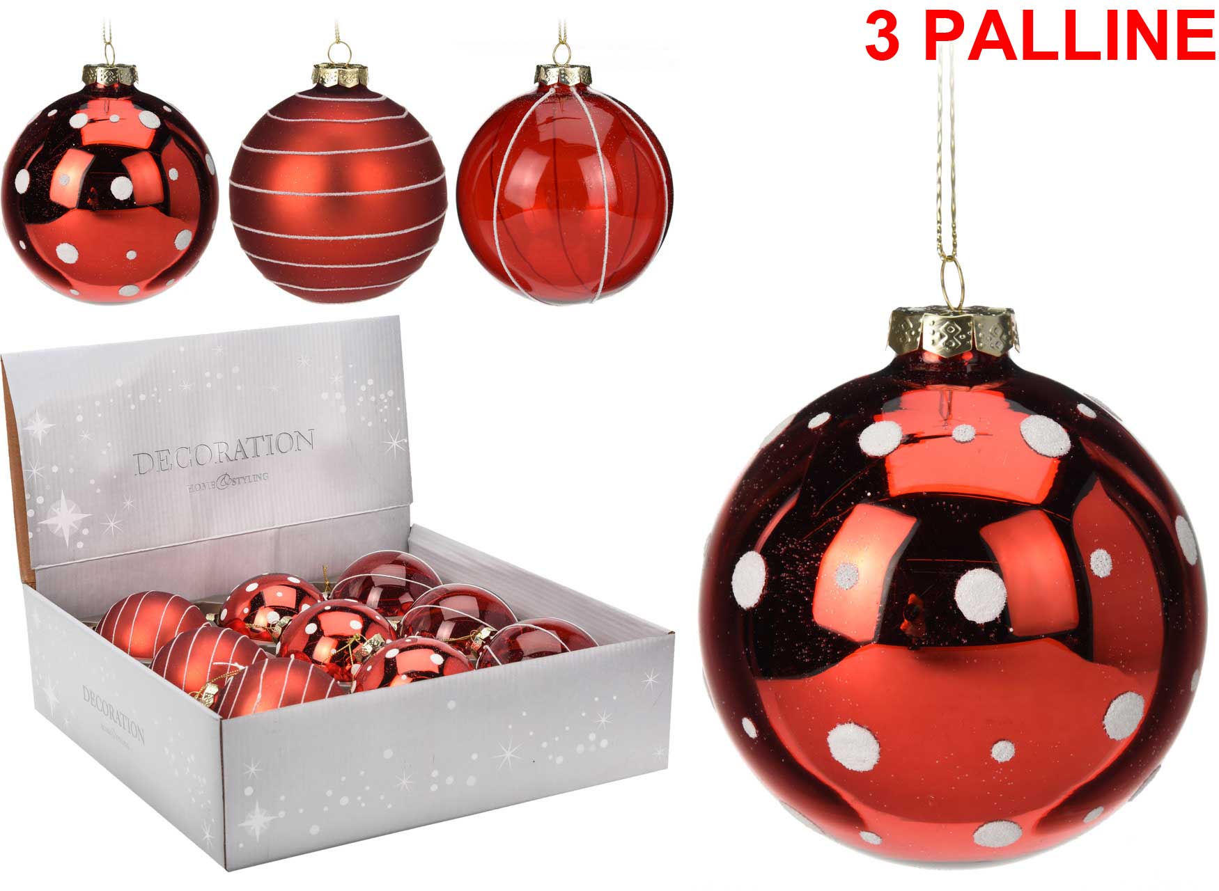 OFFERTA 3 PALLINE ROSSE CON DECORAZIONI ASSORTITE 9CM