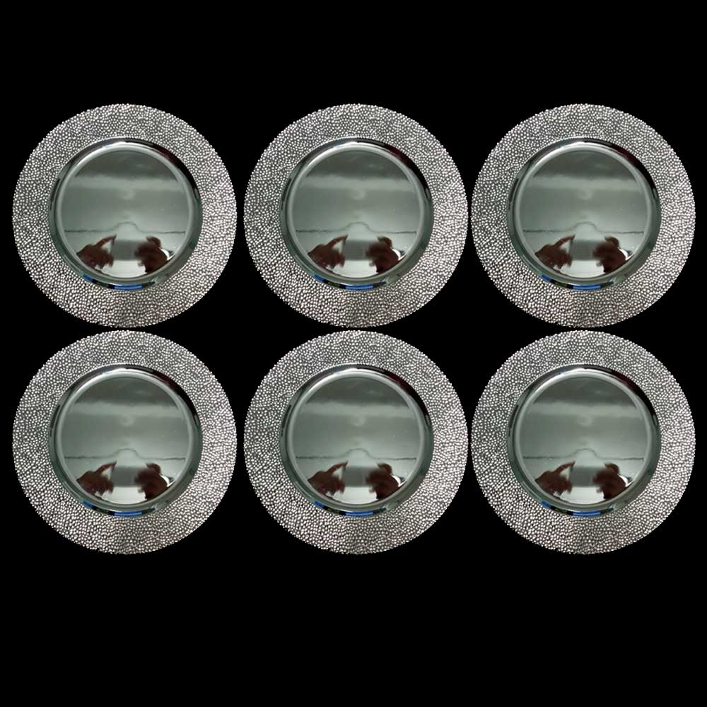 6 SOTTOPIATTI CIRCOLARI ARGENTO LUCIDO BORDO MARTELLATO 33CM