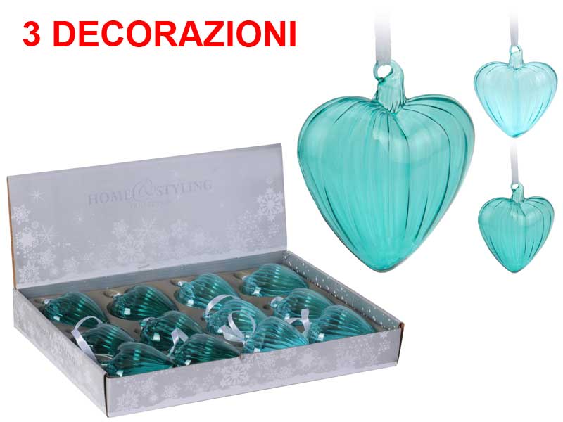 OFFERTA 3 PALLINE PENDENTE CUORE VETRO 8CM AZZURRA